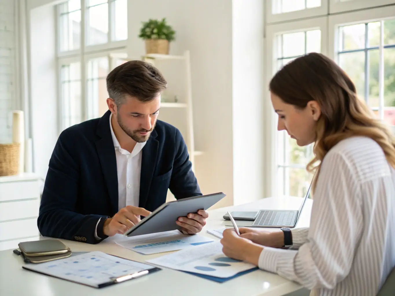 An image of a small business owner reviewing financial documents with an accountant, representing Mernouten's commitment to providing expert tax and financial planning services.