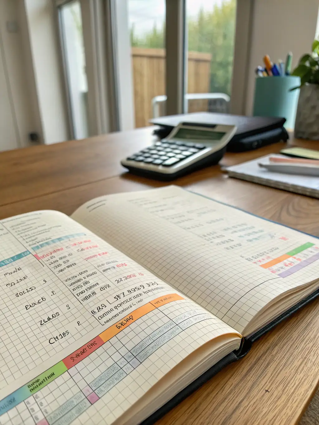 A close-up shot of a well-organized bookkeeping ledger with a calculator and pen, representing efficient bookkeeping services.