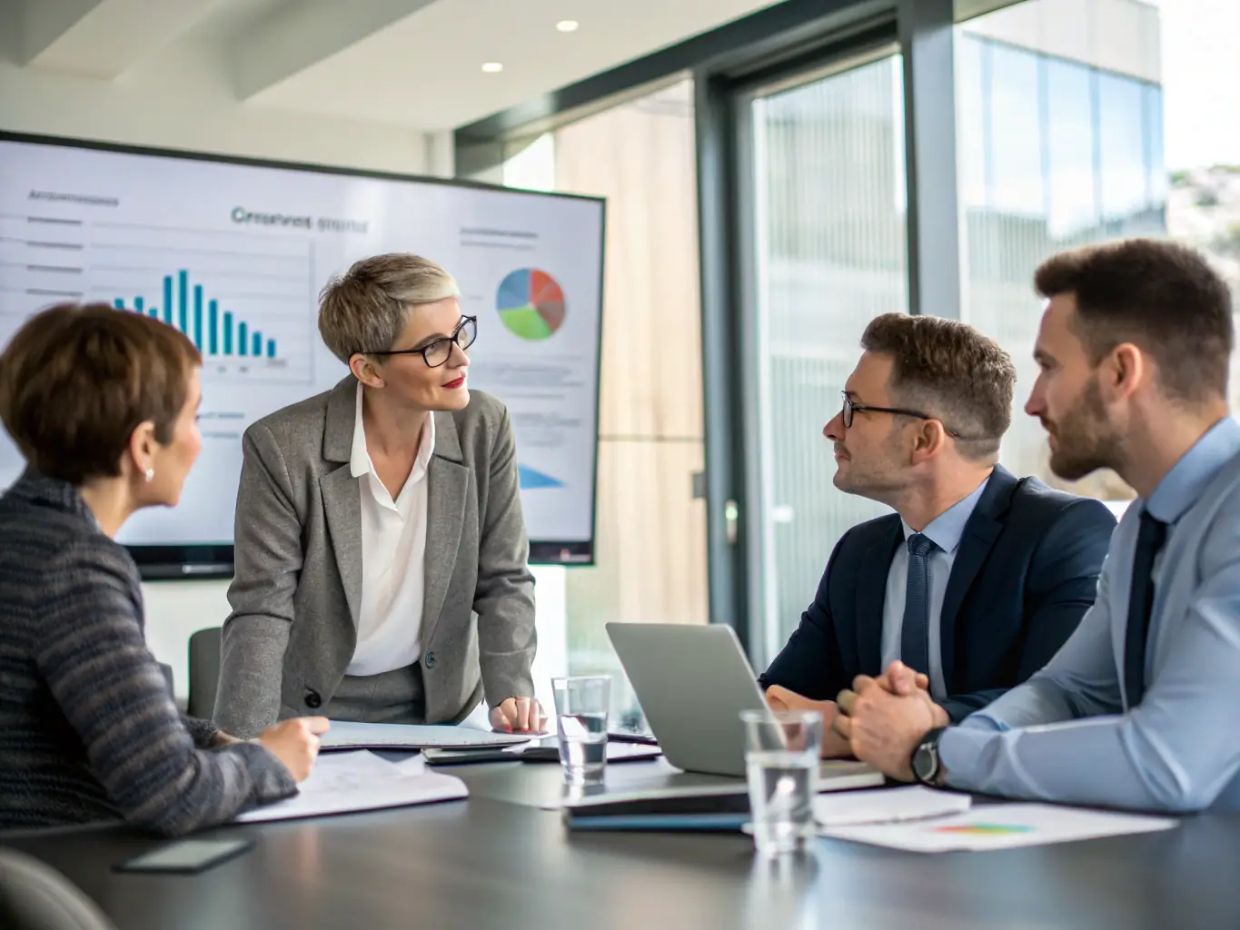 An image of a consultant presenting growth strategies to a small business team in a meeting room, illustrating Mernouten's approach to business consulting and growth strategies.