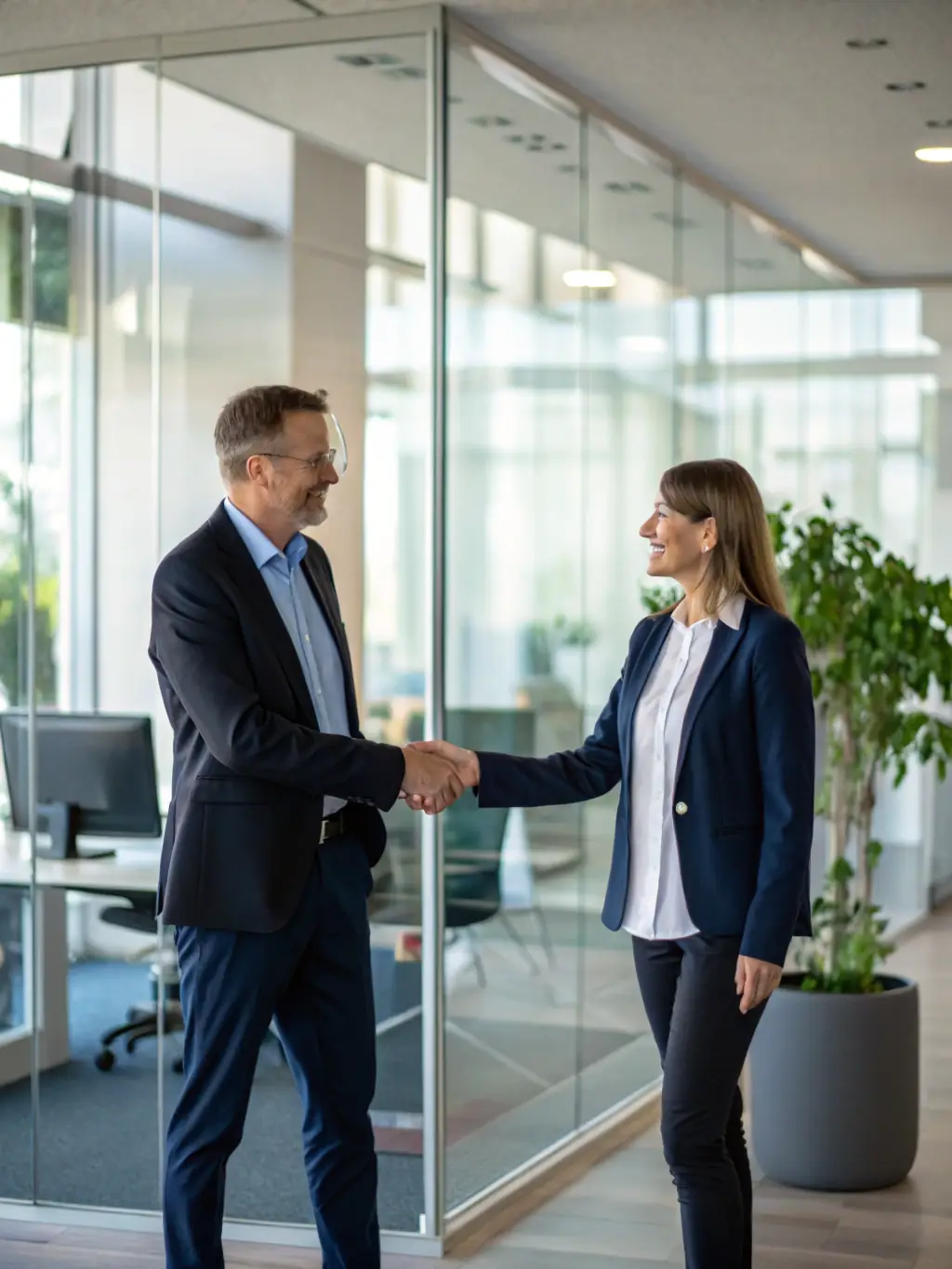 A professional businessman in a suit shaking hands with a businesswoman in a modern office setting, symbolizing a successful business registration assistance service.