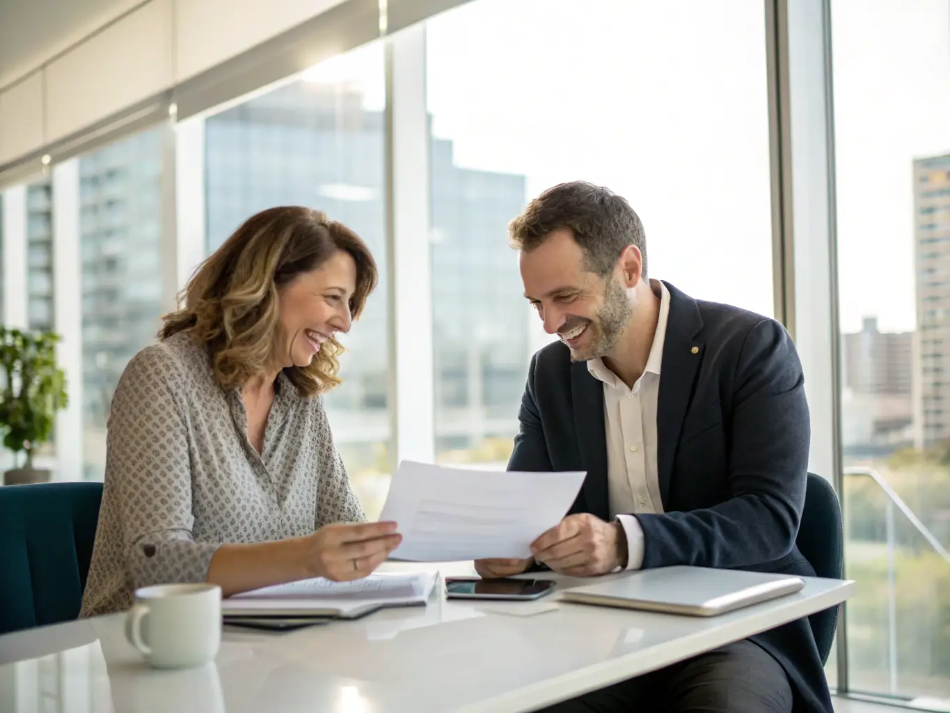 An image of a business owner happily filling out registration forms with a professional consultant assisting, symbolizing the ease and support Mernouten provides during business registration.